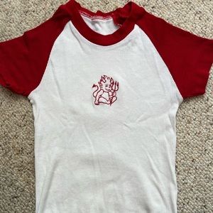 Red and white crop top with cute devil print